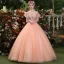 Affordable Pearl Pink Prom Dresses 2019 Ball Gown Scoop Neck Lace Appliques Pearl Short Sleeve Backless Floor-Length / Long Formal Dresses