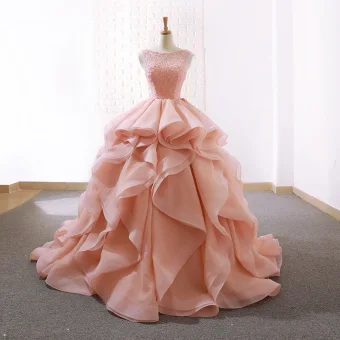 Elegante Parel Roze Galajurken 2019 Baljurk Ronde Hals Kralen Mouwloos Ruglooze Cascading Ruches Rechter Trein Gelegenheid Jurken