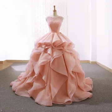 Eleganckie Różowy Perłowy Sukienki Na Bal 2019 Suknia Balowa Wycięciem Frezowanie Bez Rękawów Bez Pleców Kaskadowe Falbany Trenem Sąd Sukienki Wizytowe