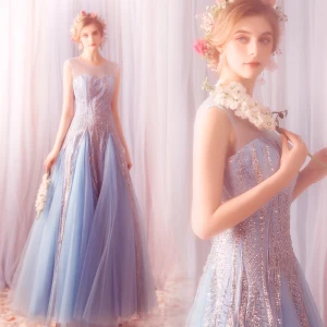 Elegant Sky Blue Prom Dresses 2019 A Line Princess Scoop Neck Glitter Sequins Tulle Sleeveless Backless Floor Length Long Formal Dresses