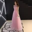 Chinese style Blushing Pink Prom Dresses 2019 A-Line / Princess High Neck Lace Flower Short Sleeve Backless Floor-Length / Long Formal Dresses