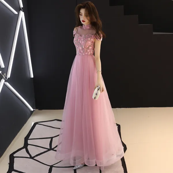 Chinesischer Stil Rosa Ballkleider 2019 A Linie Stehkragen Spitze Blumen Kurze Ärmel Rückenfreies Lange Festliche Kleider