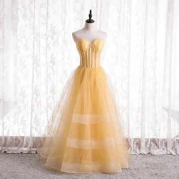 Chic Jaune Corset Robe De Bal 2021 Princesse Amoureux Sans Manches Dos Nu Longue Robe De Ceremonie