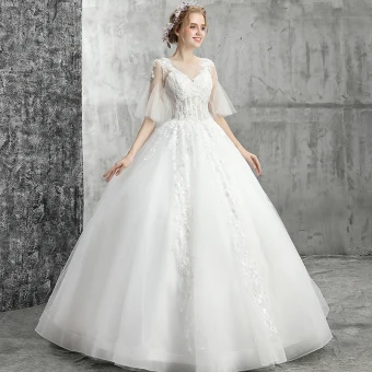 Élégant Blanche Robe De Mariée 2019 Robe Boule Encolure Dégagée Perlage Cristal Paillettes Fleur En Dentelle 1 2 Manches Dos Nu Longue