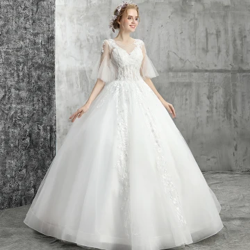 Elegant White Wedding Dresses 2019 Ball Gown Scoop Neck Beading Crystal Sequins Flower Lace 1 2 Sleeves Backless Floor Length Long