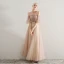 Elegant Champagne Prom Dresses 2019 A-Line / Princess Scoop Neck Beading Lace Appliques Ruffle Short Sleeve Backless Floor-Length / Long Formal Dresses
