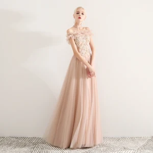 Élégant Champagne Robe De Bal 2019 Princesse De L Épaule En Dentelle Appliques Perlage Cristal Perle Faux Diamant Volants Manches Courtes Dos Nu Longue Robe De Ceremonie