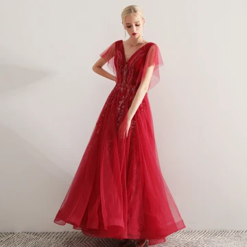 Chic Beautiful Burgundy Evening Dresses 2019 A Line Princess V Neck Lace Appliques Beading Crystal Short Sleeve Backless Floor Length Long Formal Dresses