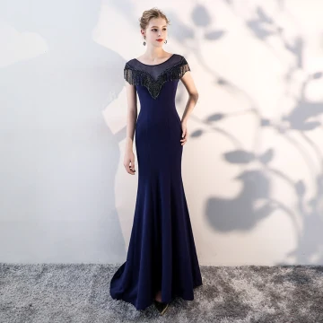 Chic Belle Bleu Marine Robe De Soirée 2019 Trompette Sirène Encolure Dégagée Perlage Gland Sans Manches Robe De Ceremonie