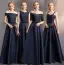 Modest / Simple Navy Blue A-Line / Princess Bridesmaid Dresses 2019 Bow Backless Floor-Length / Long Wedding Party Dresses