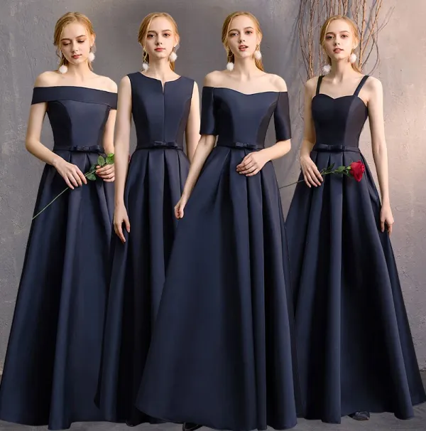 Modest / Simple Navy Blue A-Line / Princess Bridesmaid Dresses 2019 Bow Backless Floor-Length / Long Wedding Party Dresses