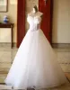 Chic / Beautiful White Wedding Dresses 2019 A-Line / Princess See-through Strapless Appliques Lace Flower Sleeveless Backless Floor-Length / Long