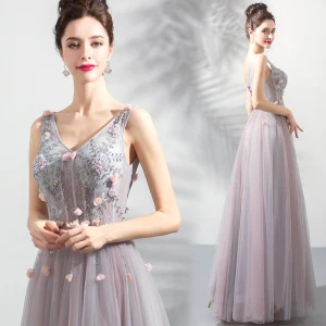 Elegant Blushing Pink Prom Dresses 2019 A Line Princess V Neck Beading Pearl Crystal Appliques Sleeveless Backless Floor Length Long Formal Dresses