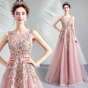 Chic Beautiful Pearl Pink Prom Dresses 2019 A Line Princess Scoop Neck Embroidered Pearl Rhinestone Sleeveless Backless Floor Length Long Formal Dresses
