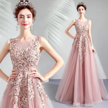 Chic Beautiful Pearl Pink Prom Dresses 2019 A Line Princess Scoop Neck Embroidered Pearl Rhinestone Sleeveless Backless Floor Length Long Formal Dresses