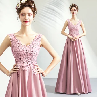 Simple Rougissant Rose Robe De Bal 2019 Princesse V Cou En Dentelle Fleur Sans Manches Dos Nu Longue Robe De Ceremonie