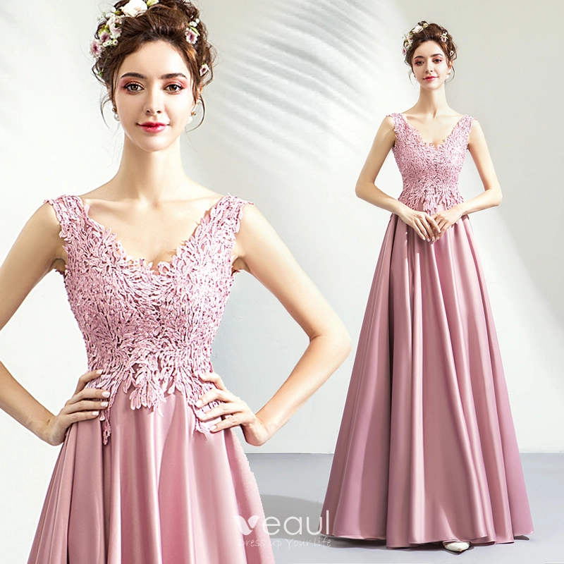 Modest Simple Blushing Pink Prom Dresses 2019 A Line Princess V Neck Lace Flower Sleeveless Backless Floor Length Long Formal Dresses