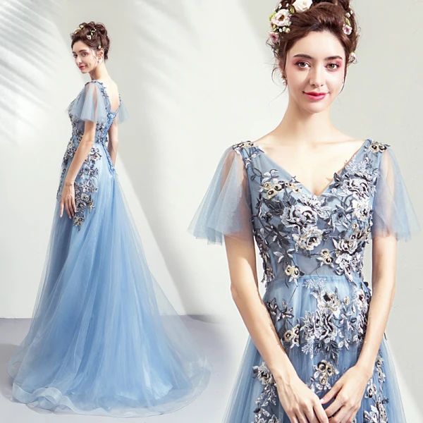 Élégant Bleu Ciel Robe De Bal 2019 Princesse V-Cou Appliques En Dentelle Cristal Paillettes Manches Courtes Dos Nu Longue Robe De Ceremonie