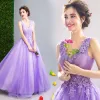 Affordable Lilac Prom Dresses 2019 A-Line / Princess V-Neck Appliques Lace Flower Beading Crystal Sleeveless Backless Floor-Length / Long Formal Dresses