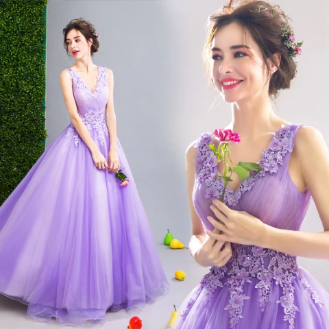 Affordable Lilac Prom Dresses 2019 A-Line / Princess V-Neck Appliques Lace Flower Beading Crystal Sleeveless Backless Floor-Length / Long Formal Dresses