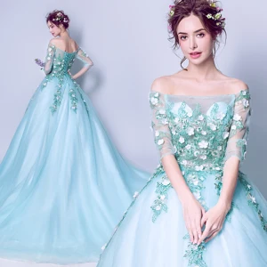 Abordable Bleu Robe De Bal 2019 Princesse De L Épaule Appliques Brodé 1 2 Manches Dos Nu Robe De Ceremonie