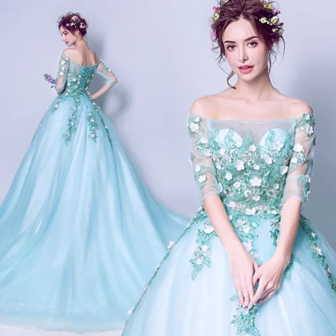 Niedrogie Niebieskie Sukienki Na Bal 2019 Princessa Przy Ramieniu Aplikacje Haftowane 1/2 Rękawy Bez Pleców Sukienki Wizytowe