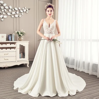 Charmant Ivoire Robe De Mariée 2019 Princesse V Cou En Dentelle Fleur Sans Manches Dos Nu Chapel Train