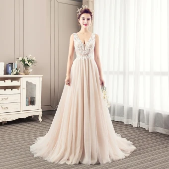 Modern Fashion Champagne Wedding Dresses 2019 A Line Princess V Neck Beading Pearl Lace Flower Sleeveless Backless Court Train