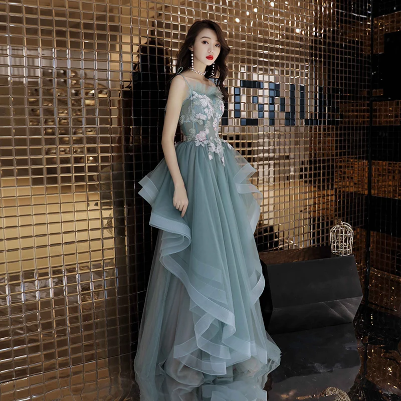 Modern / Fashion Jade Green Prom Dresses 2019 A-Line / Princess Spaghetti Straps Appliques Lace Sleeveless Backless Cascading Ruffles Floor-Length /