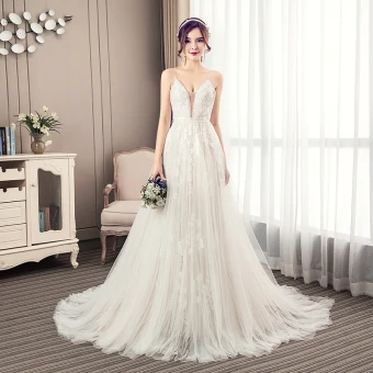 Elegant Champagne Pleated Wedding Dresses 2019 A Line Princess Spaghetti Straps Lace Flower Sleeveless Backless Court Train