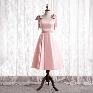 Lovely Candy Pink Satin Bridesmaid Dresses 2021 A Line Princess Square Neckline Bow Sleeveless Backless Tea Length Wedding Party Dresses
