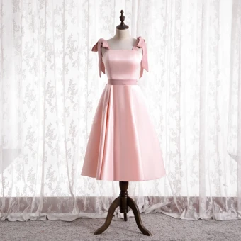 Lovely Candy Pink Satin Bridesmaid Dresses 2021 A Line Princess Square Neckline Bow Sleeveless Backless Tea Length Wedding Party Dresses