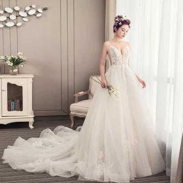 Élégant Champagne Robe De Mariée 2019 Princesse Bretelles Spaghetti Perlage En Dentelle Fleur Sans Manches Dos Nu Cathedral Train
