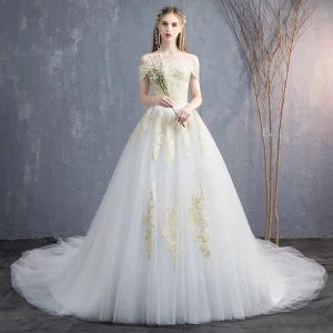 Elegant White Wedding Dresses 2019 A Line Princess Off The Shoulder Lace Flower Sequins Short Sleeve Backless Cathedral Train