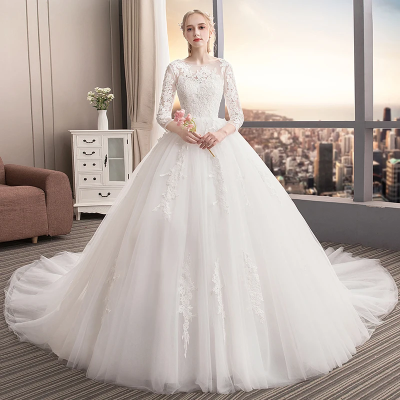 Chic Beautiful Ivory Wedding Dresses 2019 A Line Princess Scoop Neck Lace  Flower 3 4 Sleeve Backless Cathedral Train