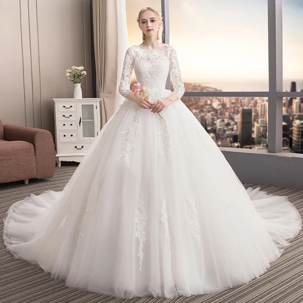 Chic / Beautiful Ivory Wedding Dresses 2019 A-Line / Princess Scoop Neck Lace Flower 3/4 Sleeve Backless Cathedral Train