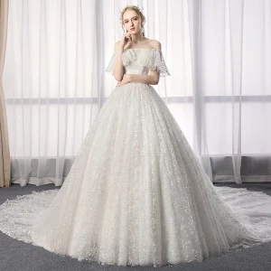 Charming Ivory Wedding Dresses 2019 A Line Princess Off The Shoulder Lace Flower Short Sleeve Backless Cathedral Train