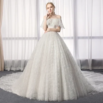 Charmant Ivoire Robe De Mariée 2019 Princesse De L Épaule En Dentelle Fleur Manches Courtes Dos Nu Cathedral Train