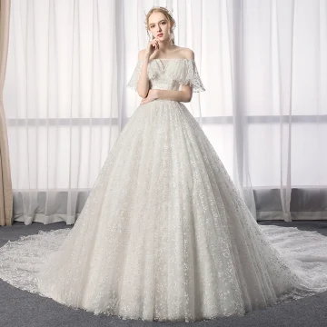 Charming Ivory Wedding Dresses 2019 A Line Princess Off The Shoulder Lace Flower Short Sleeve Backless Cathedral Train