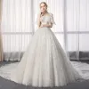 Charming Ivory Wedding Dresses 2019 A-Line / Princess Off-The-Shoulder Lace Flower Short Sleeve Backless Cathedral Train