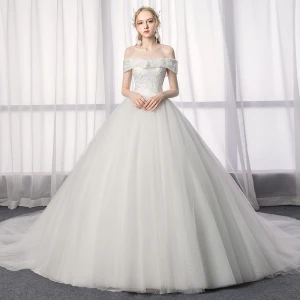 Eleganta Elfenben Bröllopsklänningar 2019 Prinsessa Av Axeln Spets Halterneck Korta Ärm Blomma Cathedral Train