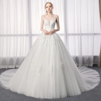 Élégant Ivoire Robe De Mariée 2019 Princesse Bretelles Spaghetti En Dentelle Fleur Sans Manches Dos Nu Royal Train