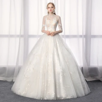 Chinese Style Ivory Wedding Dresses 2019 A Line Princess High Neck Lace Flower Sequins 1 2 Sleeves Backless Floor Length Long
