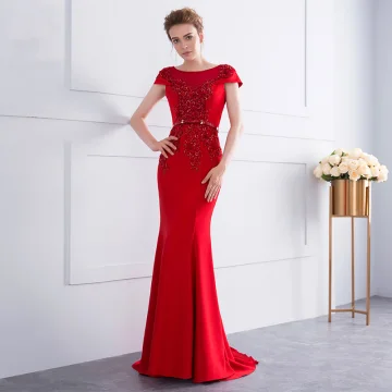 Chic Beautiful Red Evening Dresses 2018 Trumpet Mermaid Beading Sequins Bow Lace Flower Scoop Neck Cap Sleeves Sweep Train Formal Dresses