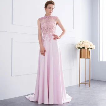 Chic Rose Bonbon Fait Main Transparentes Robe De Soirée 2018 Princesse Perlage Paillettes En Dentelle Cristal Col Haut Dos Nu Sans Manches Tribunal Train Robe De Ceremonie