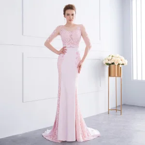 Chic Belle Rose Bonbon Robe De Soirée 2018 Trompette Sirène Dentelle Fleur Perlage Noeud Encolure Dégagée 1 2 Manches Dos Nu Train De Balayage Robe De Ceremonie