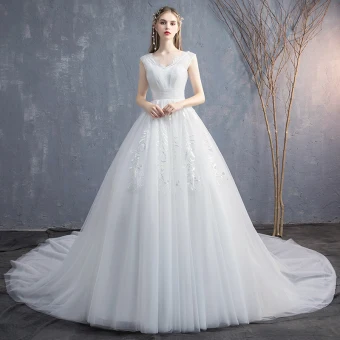 Chic Beautiful White Wedding Dresses 2019 A Line Princess V Neck Lace Flower Sleeveless Backless Cathedral Train