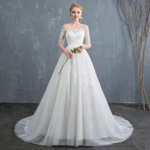 Chic Beautiful Ivory Wedding Dresses 2019 A Line Princess See Through Scoop Neck Lace Flower 1 2 Sleeves Backless Chapel Train