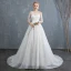 Schöne Ivory / Creme Brautkleider / Hochzeitskleider 2019 A Linie Durchsichtige Rundhalsausschnitt Spitze Blumen 1/2 Ärmel Rückenfreies Kapelle-Schleppe