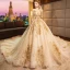 Luxury / Gorgeous Gold 2019 Wedding Dresses A-Line / Princess Scoop Neck Beading Crystal Lace Flower Sequins Long Sleeve Backless Royal Train